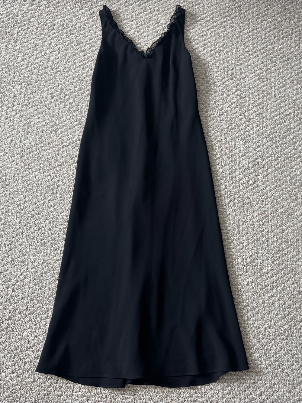Vintage 90s Jones New York Black Crepe Midi Slip Dress with Ruffle Chiffon